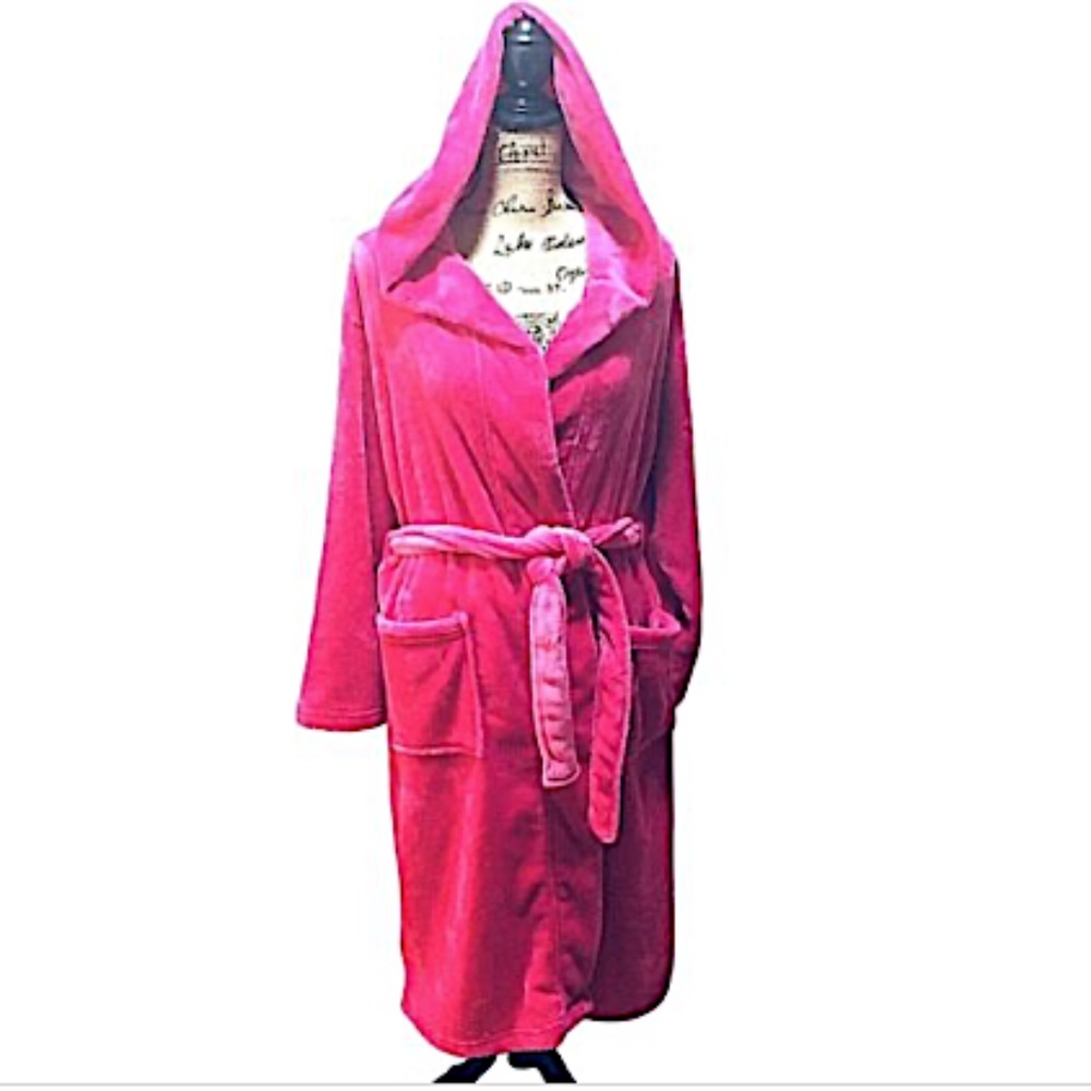 Womens Robe Small/Med Pink Magenta Plush Hooded Full-Length Pockets